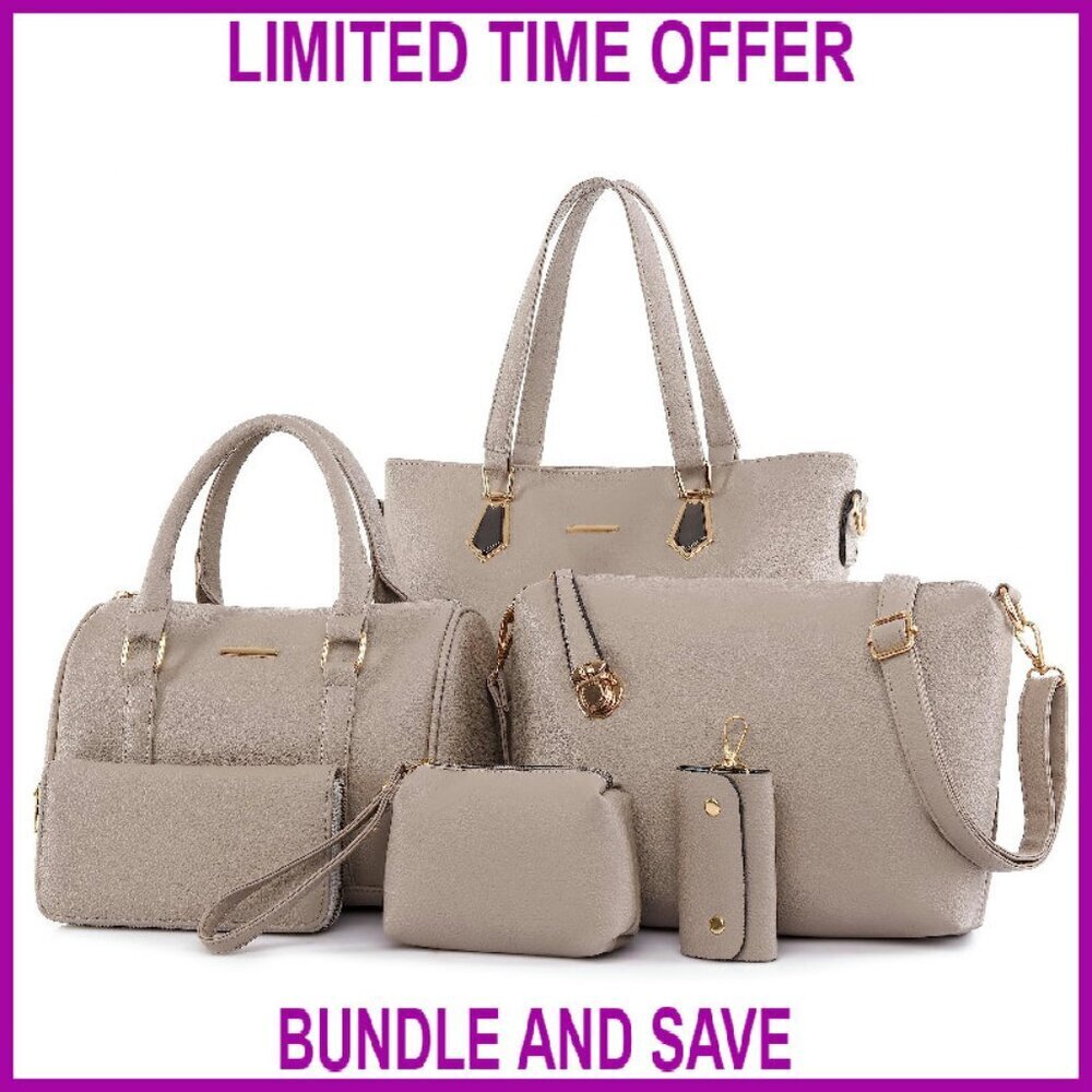 6-Piece Synthetic Leather Handbag Set: Tote, Crossbody, Hobo, Clutch, Card